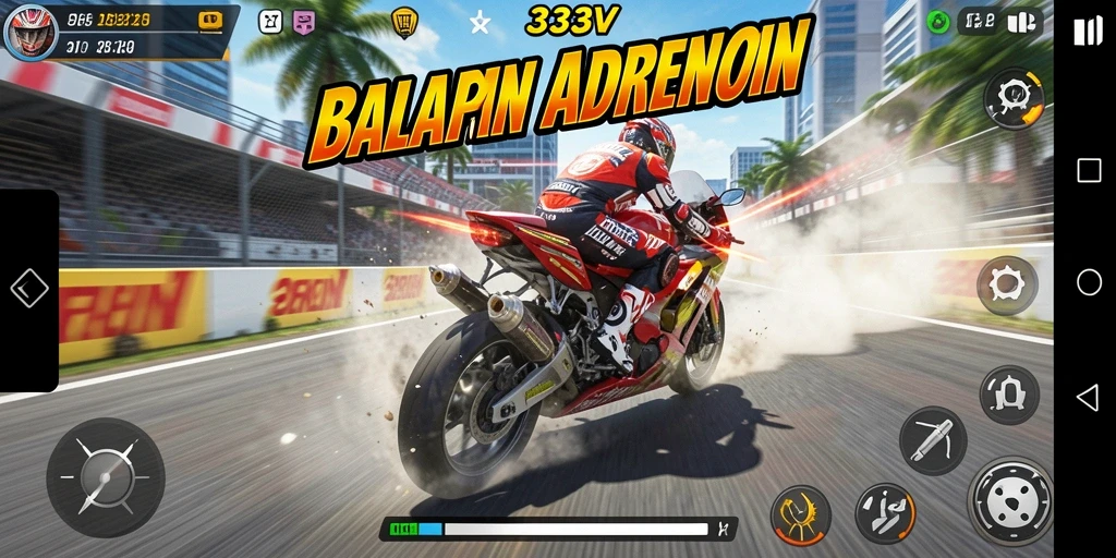 Tangkapan layar gameplay menampilkan balapan motor yang mendebarkan.