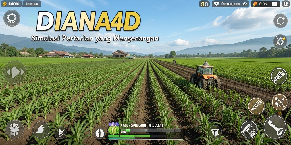 Tampilan gameplay DIANA4D dengan lahan pertanian yang rimbun.