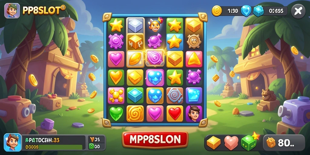 Tampilan colorful gameplay PP8SLOT dengan tantangan match-3 yang seru.